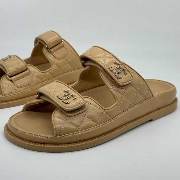 CHANEL 24P 2024 Quilted Leather CC Logo Flat Slide Dad Sandals Shoes Beige - Picture 11 of 16